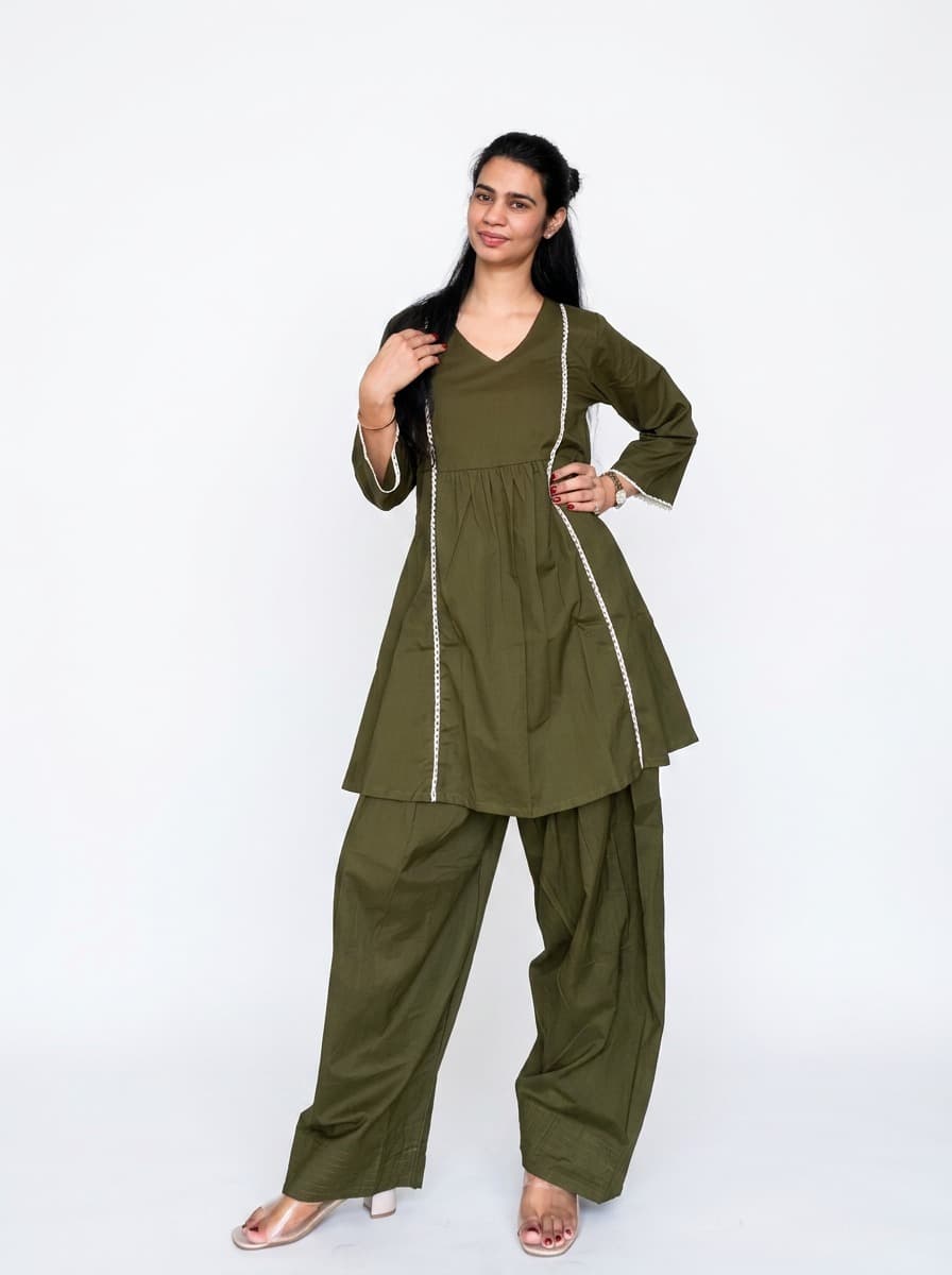 Olive Green Cotton Frock-Style Kurti with Farshi Salwar Set alternate view