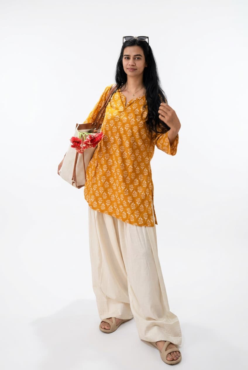 Mustard Yellow Block Print Cotton Kurti with Farshi Salwar Set alternate view