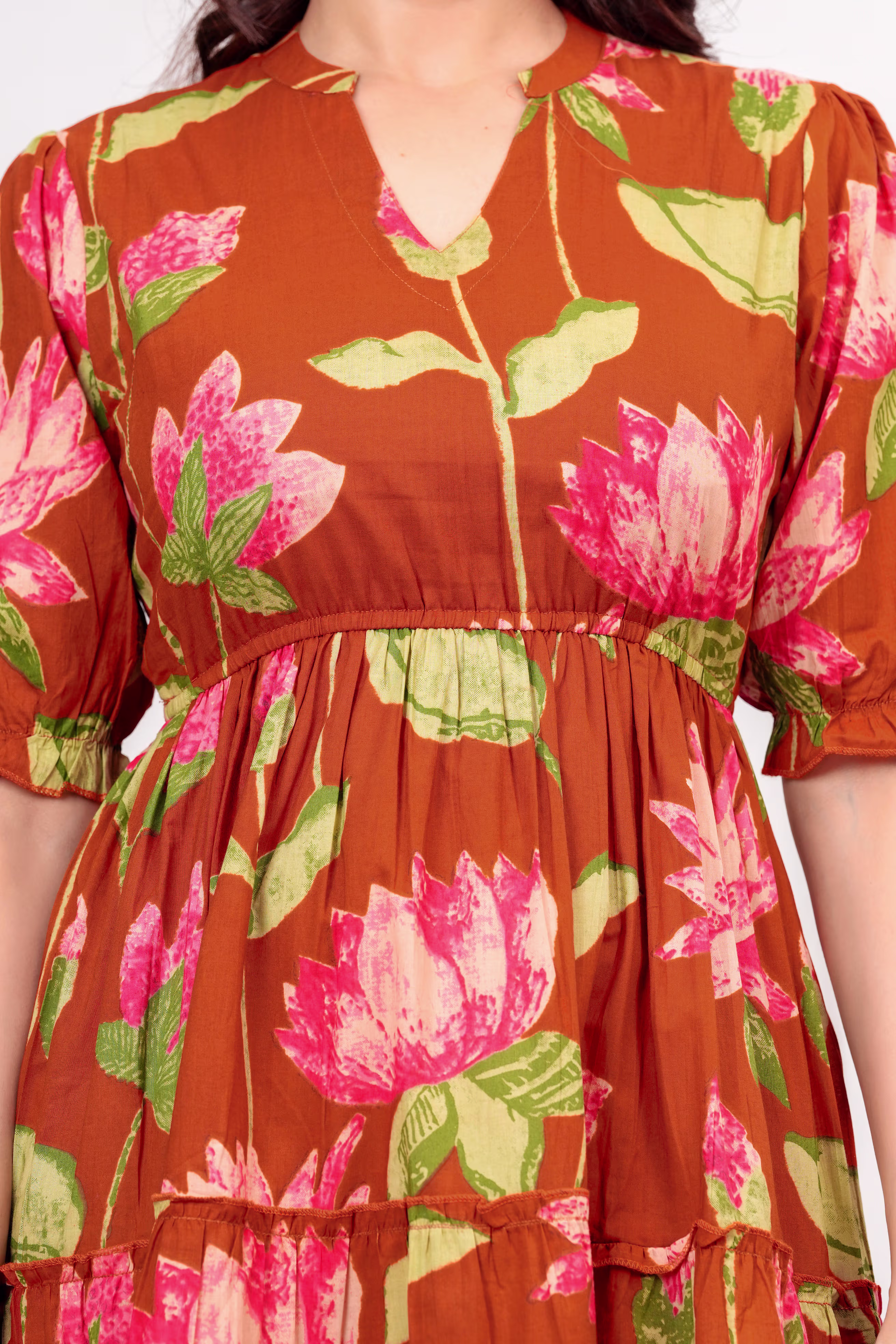 Rust Brown Floral print cotton dress alternate view