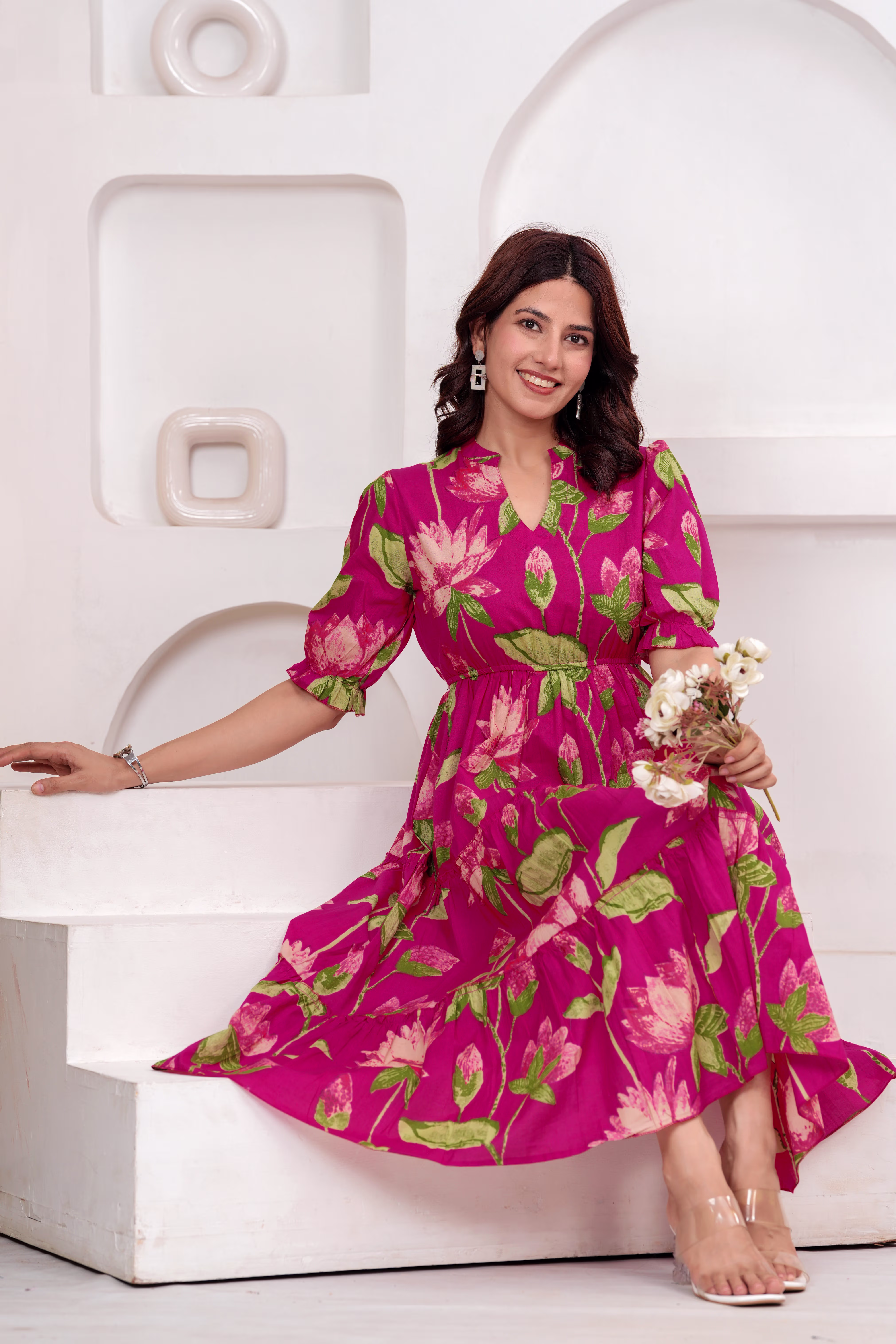 Baby Pink Floral Print Cotton Dress alternate view