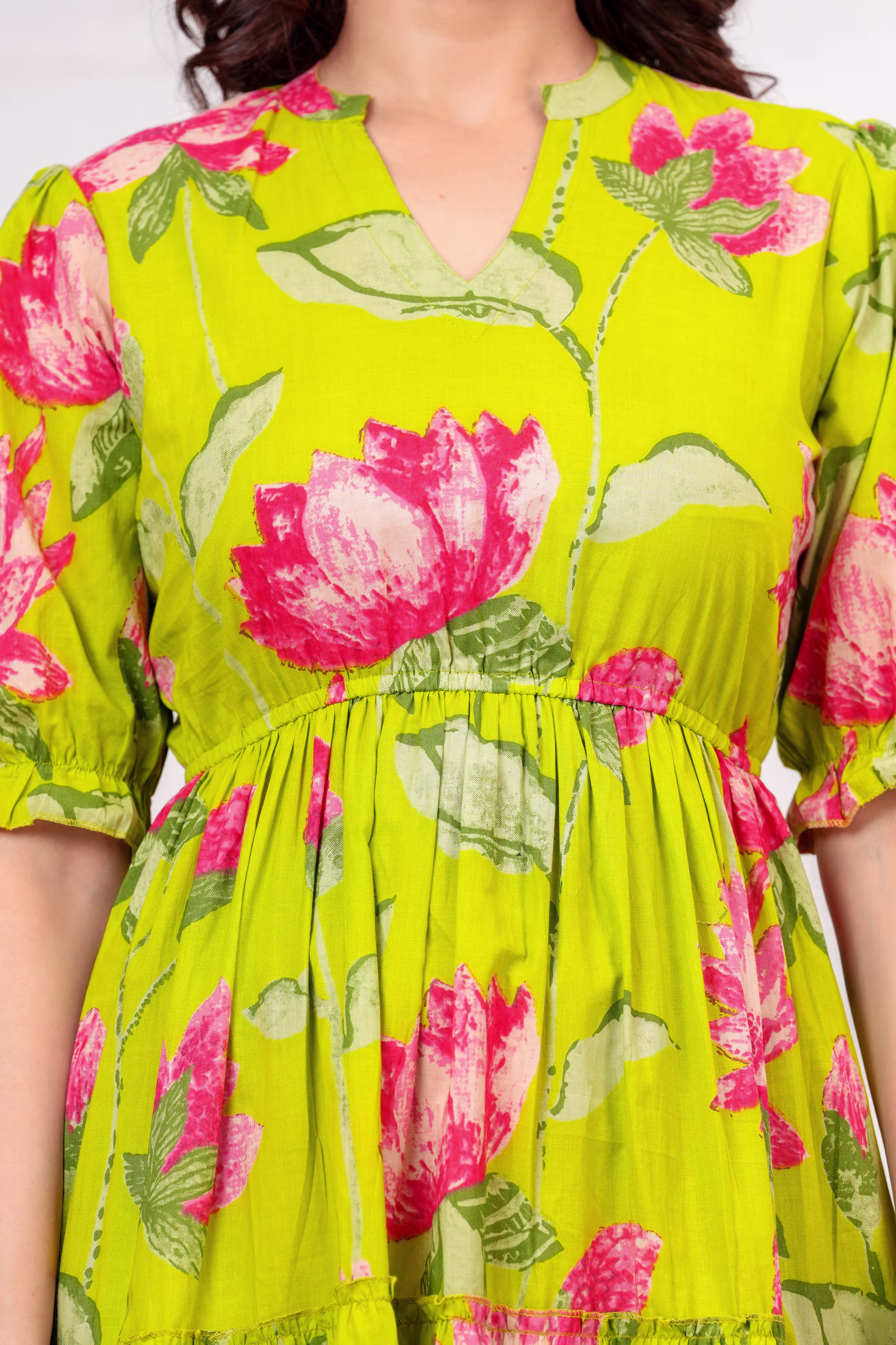 Lemon Green Floral Print Cotton Dress alternate view