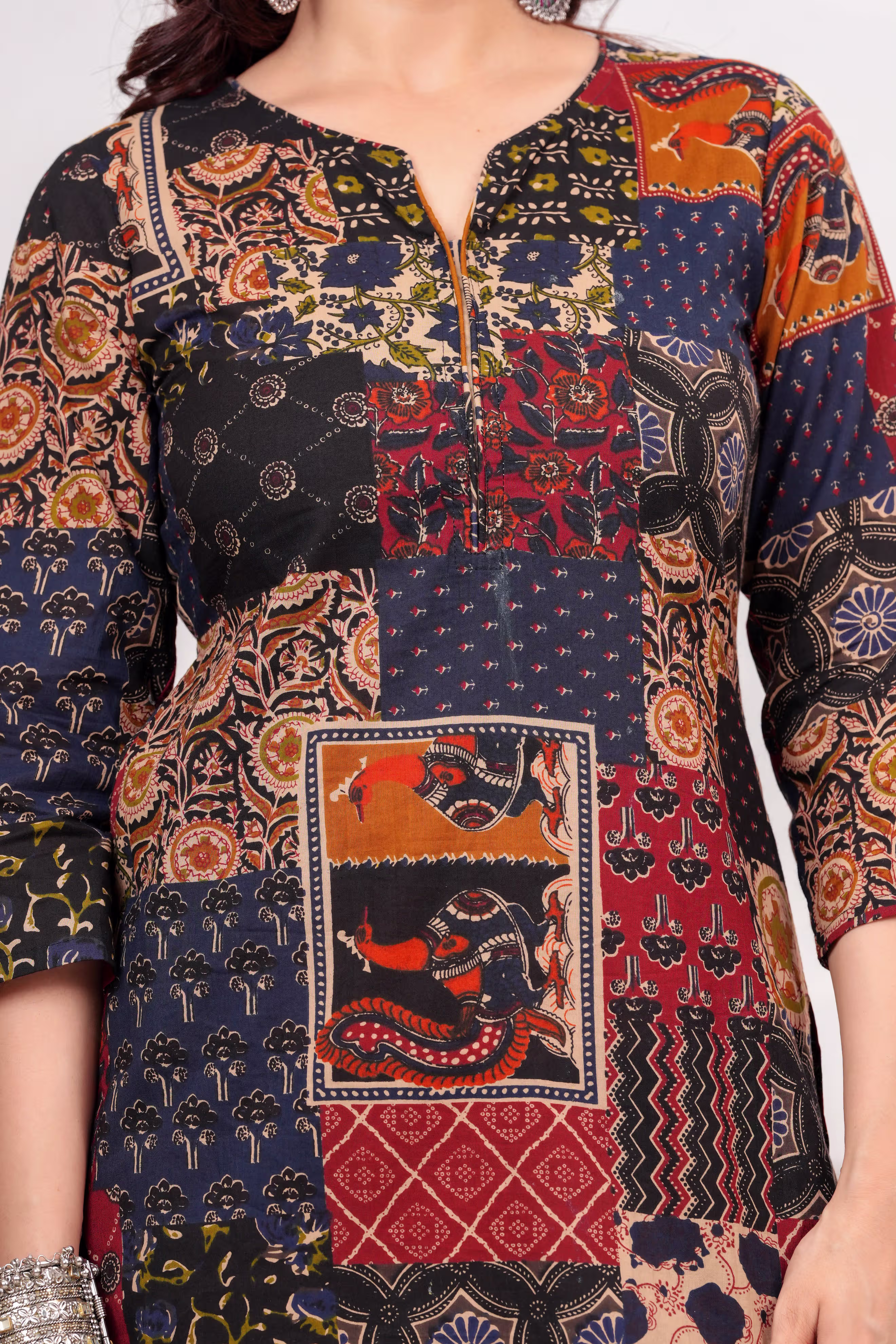 Multicolour Patchwork Print Cotton Kurti with Black Patiala Set alternate view