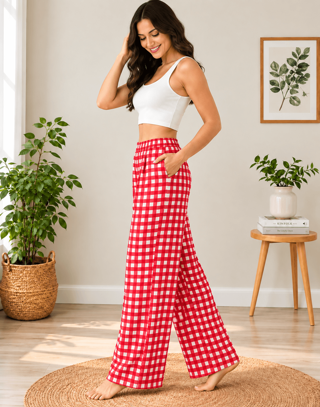 Women’s Red & White Checked Wide Leg Palazzo Pants | Gingham Checkered Trousers with Elastic Waist & Pockets alternate view