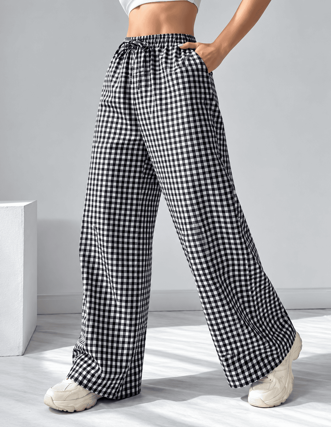 Women’s Black & White Checked Wide Leg Palazzo Pants | Gingham Checkered Trousers with Elastic Waist, Drawstring & Pockets alternate view