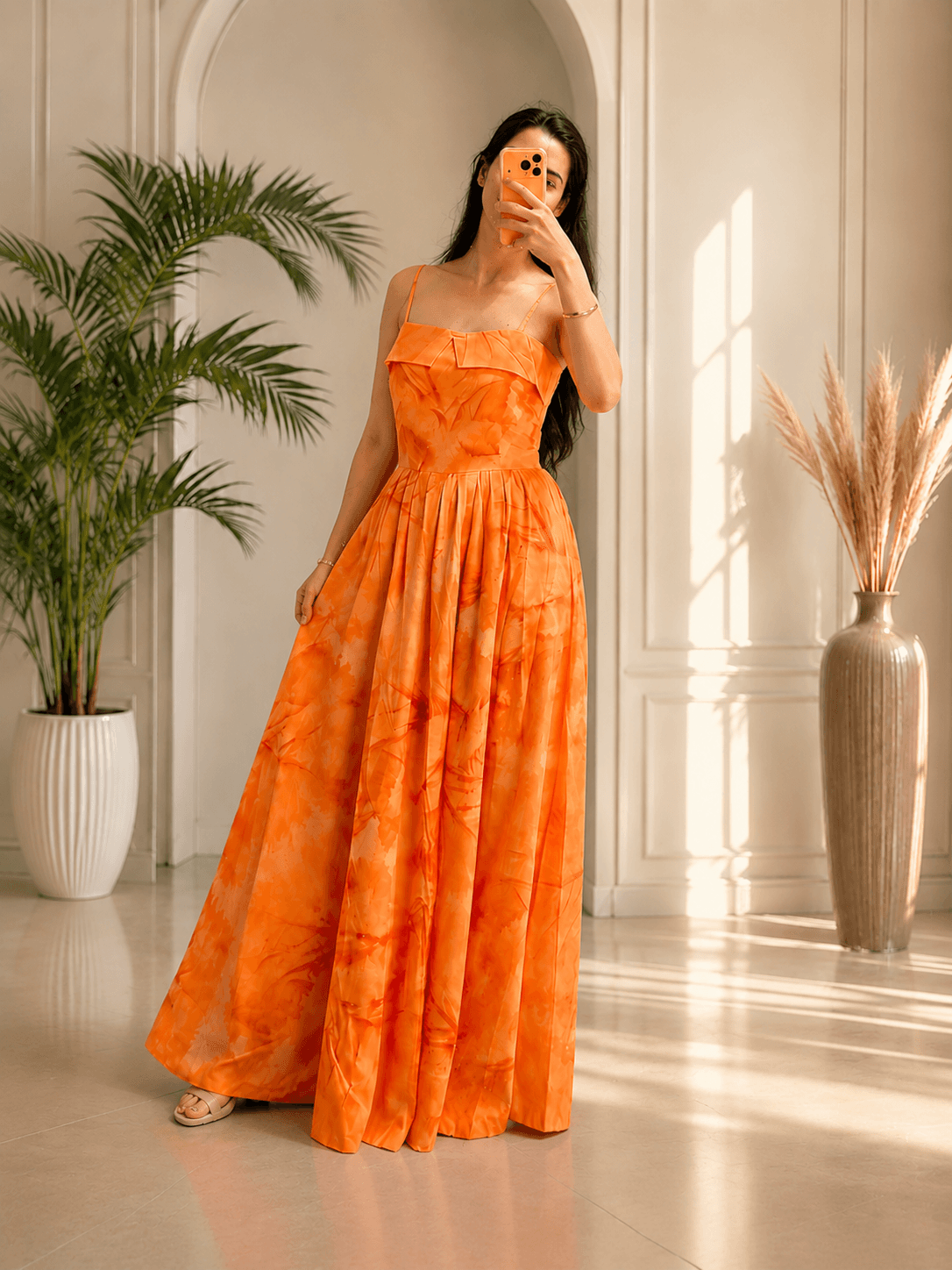 Women’s Orange Floral Print Maxi Dress | Sleeveless Spaghetti Strap Fit & Flare Long Dress | Summer & Party Wear alternate view