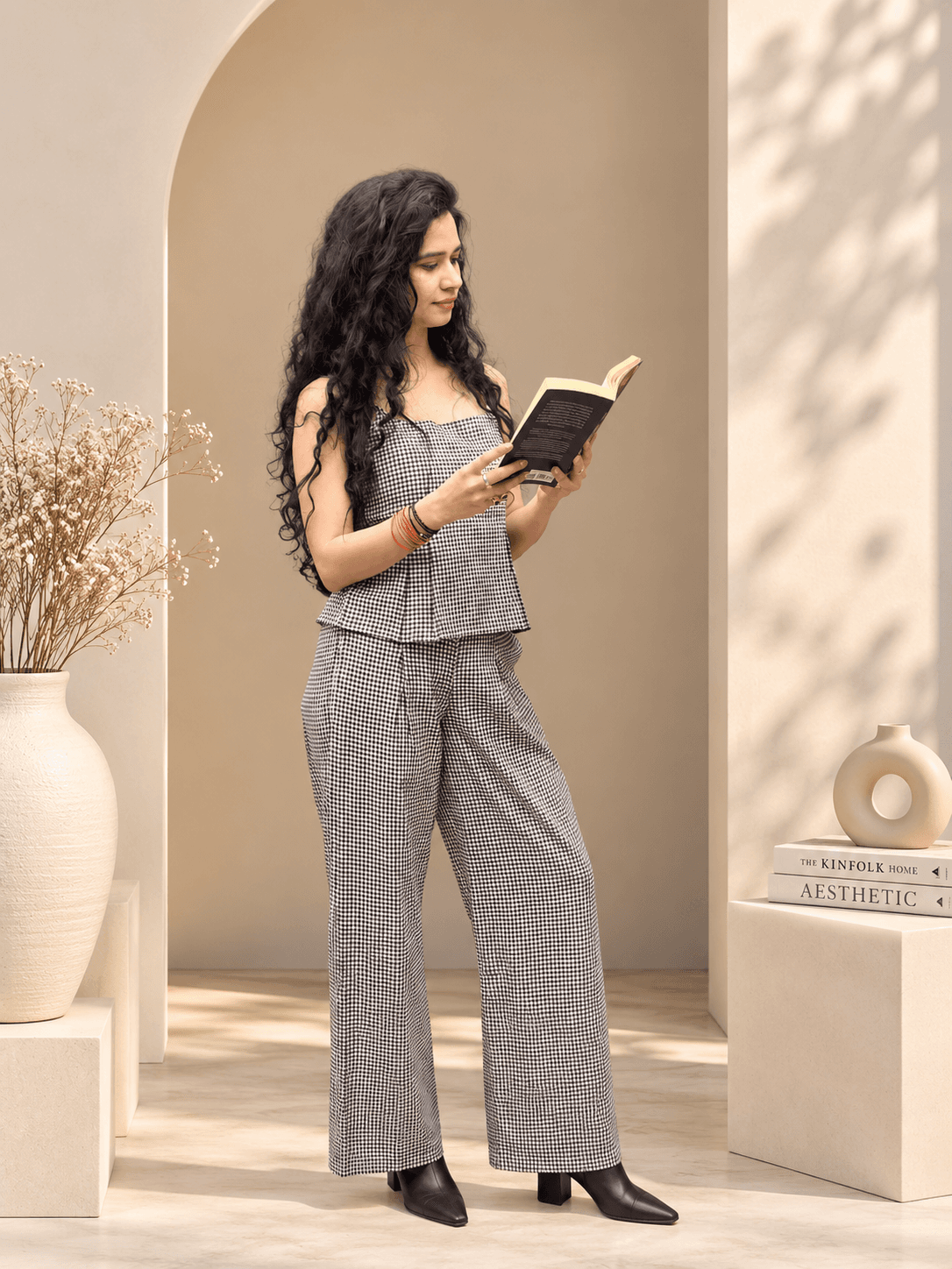 Women Black White Gingham Checkered Co-ord Set | Sleeveless Peplum Top & Wide Leg Pants | Casual Western Wear alternate view