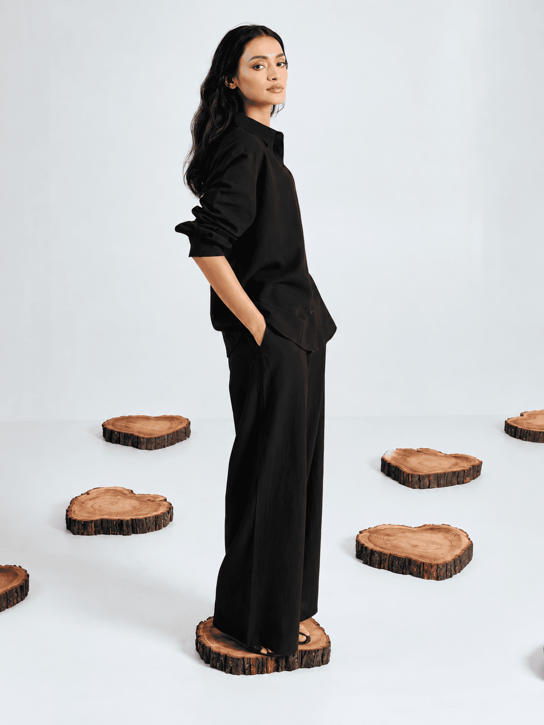 Women’s Black Co-Ord Set | Solid Full Sleeve Shirt with Wide Leg Pants | Stylish Casual & Western Wear alternate view