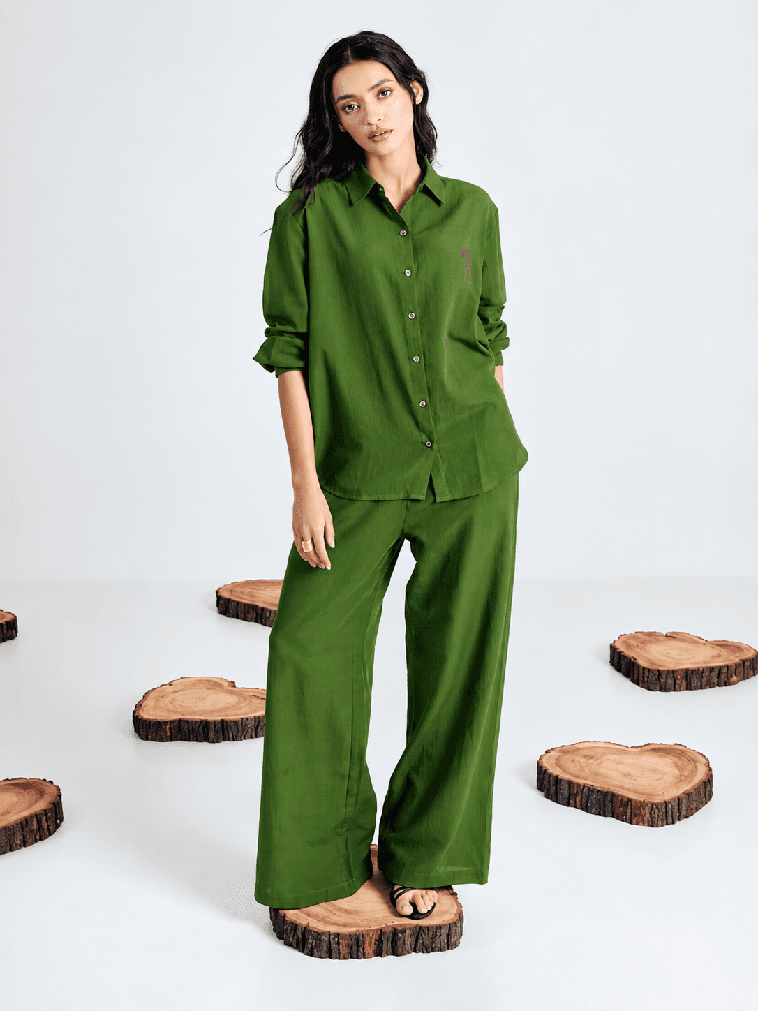 Women’s Solid Green Shirt Co-Ord Set | Full Sleeve Button Down Shirt with Wide Leg Pants | Stylish Casual Wear