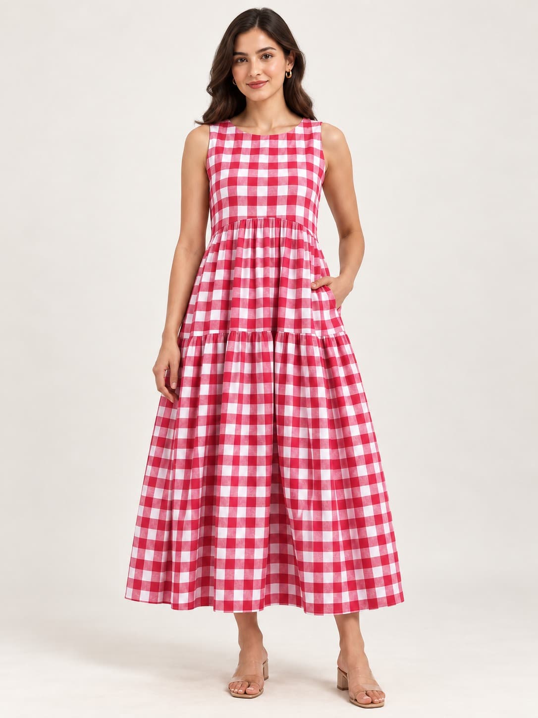 Pink & White Checked Dress For Womens — view 1