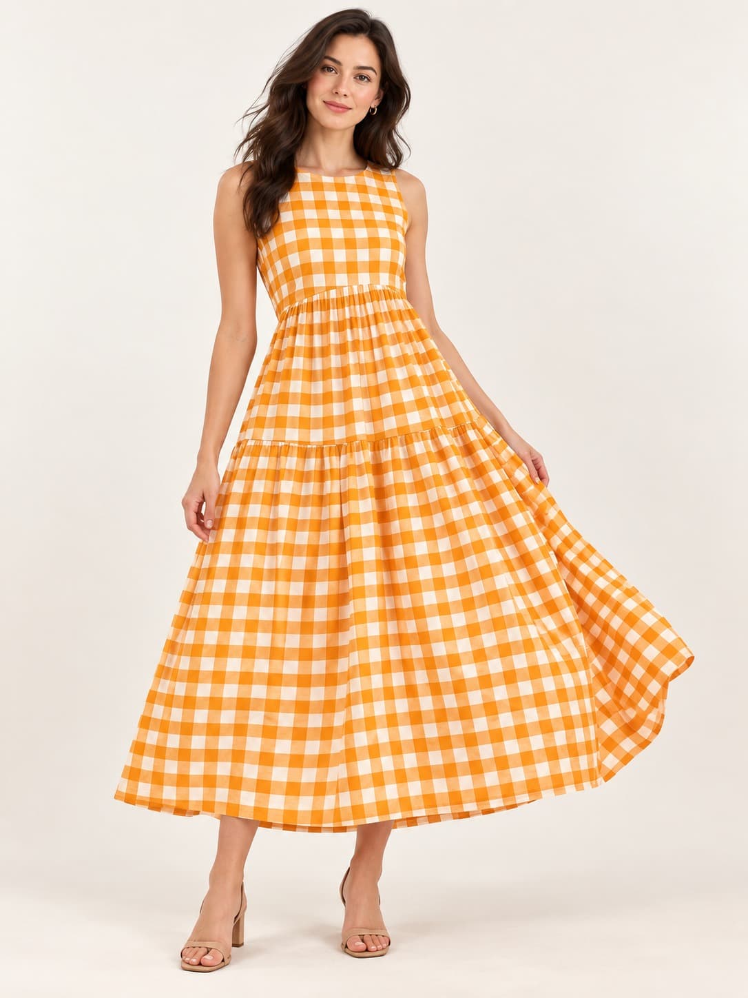 Yellow & White Checked Dress For Womens — view 1
